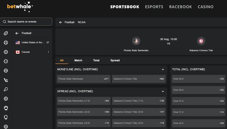A snapshot of BetWhale, one of our top rated Alabama sports betting sites.
